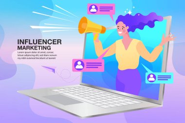 Elinde megafon tutan bir kadın. Pazarlama konseptini etkiliyor. Blog promosyon hizmetleri ve takipçileri için internet üzerinden ürünler. Düz basit biçimdeki vektör illüstrasyonu.