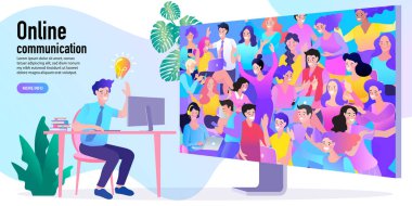 Vektör çalışan çeşitli meslektaşlarıyla bilgisayar üzerinden görüntülü konuşma yapıyor. Evde video konferansı, evde müşterilerle görüntülü görüşme..