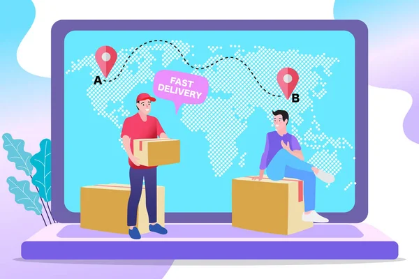 Hızlı teslimat. Kurye taze yiyecek ve sebze getiriyor. Çevrimiçi gıda dağıtım servisi afişi ile market kavramı. Laptoptan alışveriş. Vektör illüstrasyonu..