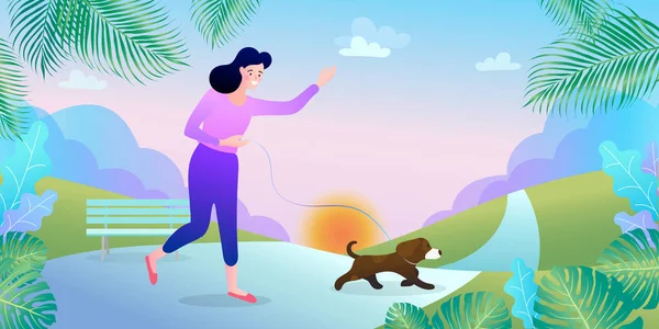 公園を犬が歩いている女性 平型ベクトルカラフルなイラストキャラクター — ストックベクタ