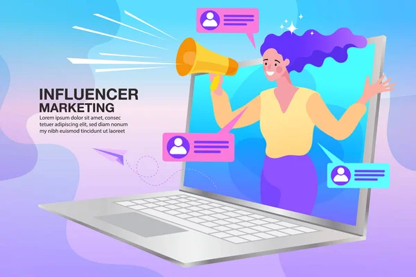 Femme Tenant Mégaphone Influencer Marketing Concept Services Promotion Des Blogueurs — Image vectorielle