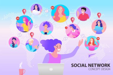 Video konferans konsepti. Sosyal medya ağları. Küresel işbirliği ve iletişim. Ev toplantısından online iş. Vector Illustrations düz tasarım konsept video konferansı. EPS10.