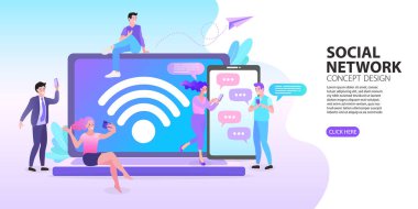 Modern tasarım konsepti olan dizüstü bilgisayar illüstrasyonlu wifi sinyali. Kablosuz ağ teknolojisi kavramı. Akıllı telefonu ve dizüstü bilgisayarı olan insanlar yüksek hızlı internet kullanır. vektör illüstrasyonu.