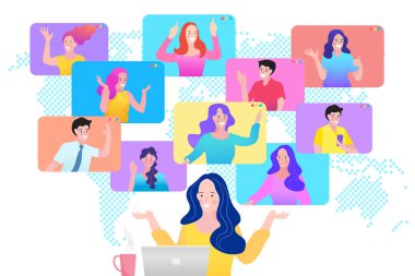 Video konferans konsepti. Sosyal medya ağları. Küresel işbirliği ve iletişim. Ev toplantısından online iş. Vector Illustrations düz tasarım konsept video konferansı. EPS10.