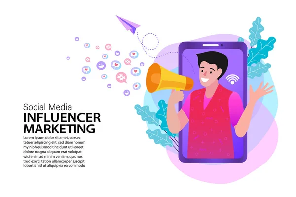 Mobiele Telefoon Man Met Megafoon Het Scherm Influencer Marketing Sociale — Stockvector