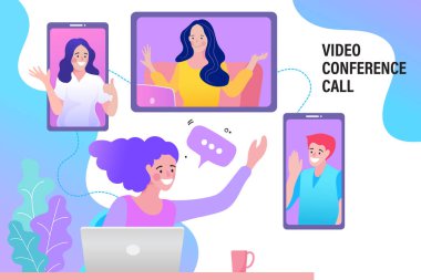 Vektör çalışan çeşitli meslektaşlarıyla bilgisayardan görüntülü konuşma yapıyor. Evde video konferansı. Evde müşterilerle görüntülü görüşme..