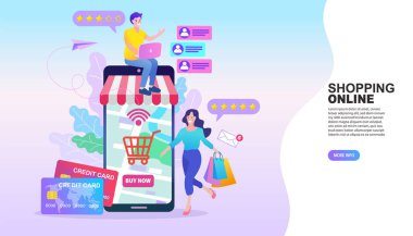 Çevrimiçi dükkan nakliye servisi. Sipariş takibi, insanlar siparişlerini mobil teslimat servisinde takip ediyorlar. Web siteleri için vektör illüstrasyonu.