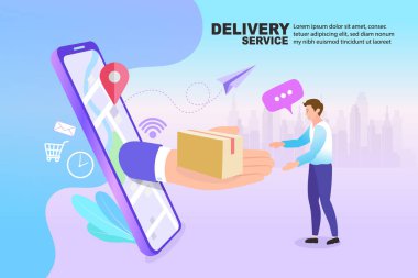 Genç erkekler cep telefonlarından yemek sipariş ediyorlar. Teslimat konsepti. Adam akıllı telefondan market siparişiyle internetten sipariş veriyor. Düz telefon tasarım tarzıyla sosyal ağlardan alışveriş yapmak. Vektör