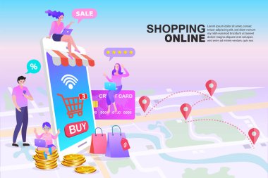 Gençler çevrimiçi mağazadan indirimli ürünler sipariş ediyor, ödemeyi kartla yapıyorlar, akıllı telefonlarda cep telefonu uygulaması kullanıyorlar. Pankart, mobil uygulama, iniş sayfası. dijital pazarlama kavramı.