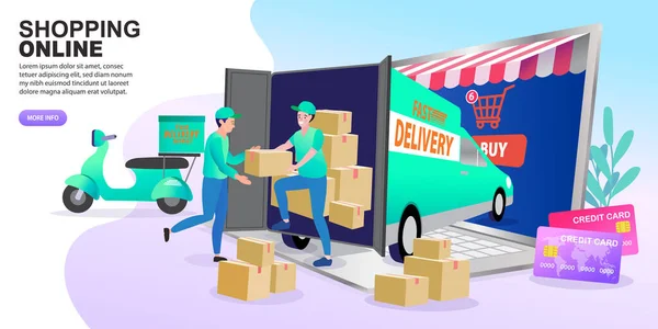 Çevrimiçi Dükkan Nakliye Servisi Sipariş Takibi Insanlar Siparişlerini Mobil Teslimat — Stok Vektör