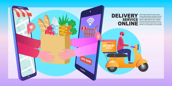Delivery Concept Man Delivering Online Grocery Order Smart Phone Shopping — Stock Vector