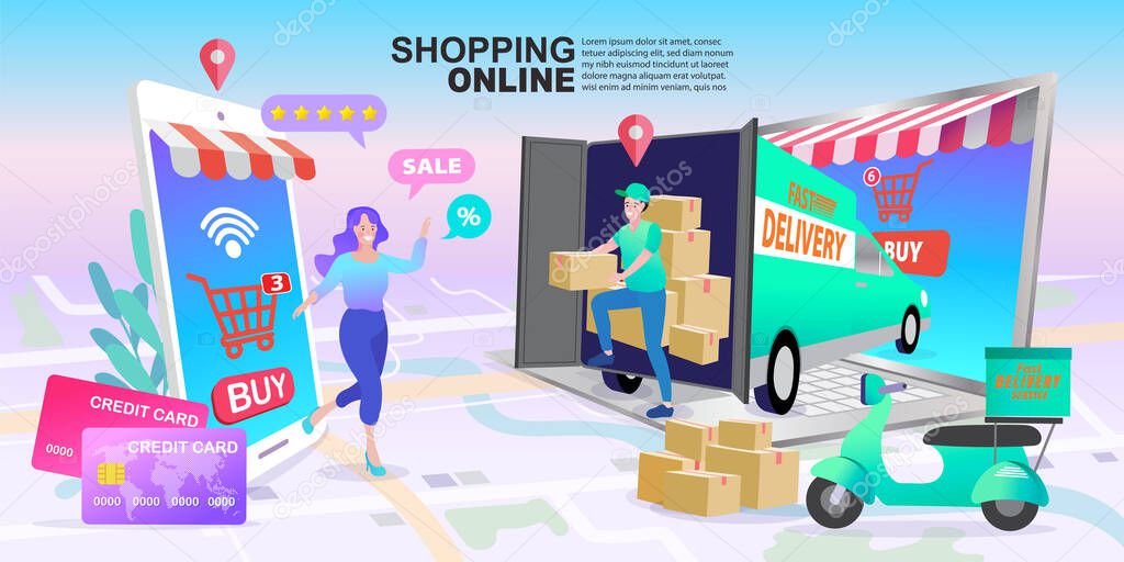 Online shop shipping service. Order tracking, people tracking their order in mobile delivery service. Vector illustration for web sites.