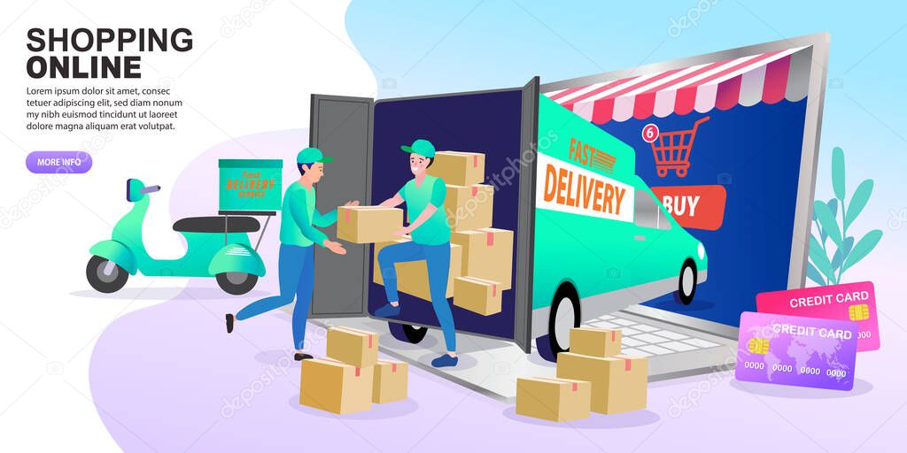 Online shop shipping service. Order tracking, people tracking their order in mobile delivery service. Vector illustration for web sites.