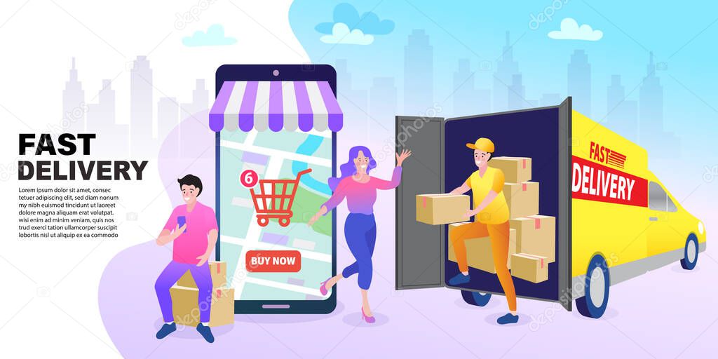 Online shop shipping service. Order tracking, people tracking their order in mobile delivery service. Vector illustration for web sites.