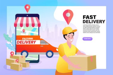 Çevrimiçi hızlı teslimat hizmetleri ve telefon konseptinde harita navigasyonu. İniş sayfası, şablon, ui, ağ, mobil uygulama, düz vektör biçimi.