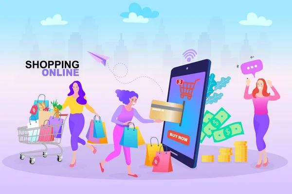 モバイルショッピングのコンセプト 女はネットショップで物を買う 送金プロセスだ 支払い オンラインビジネスベクトルの概念 — ストックベクタ