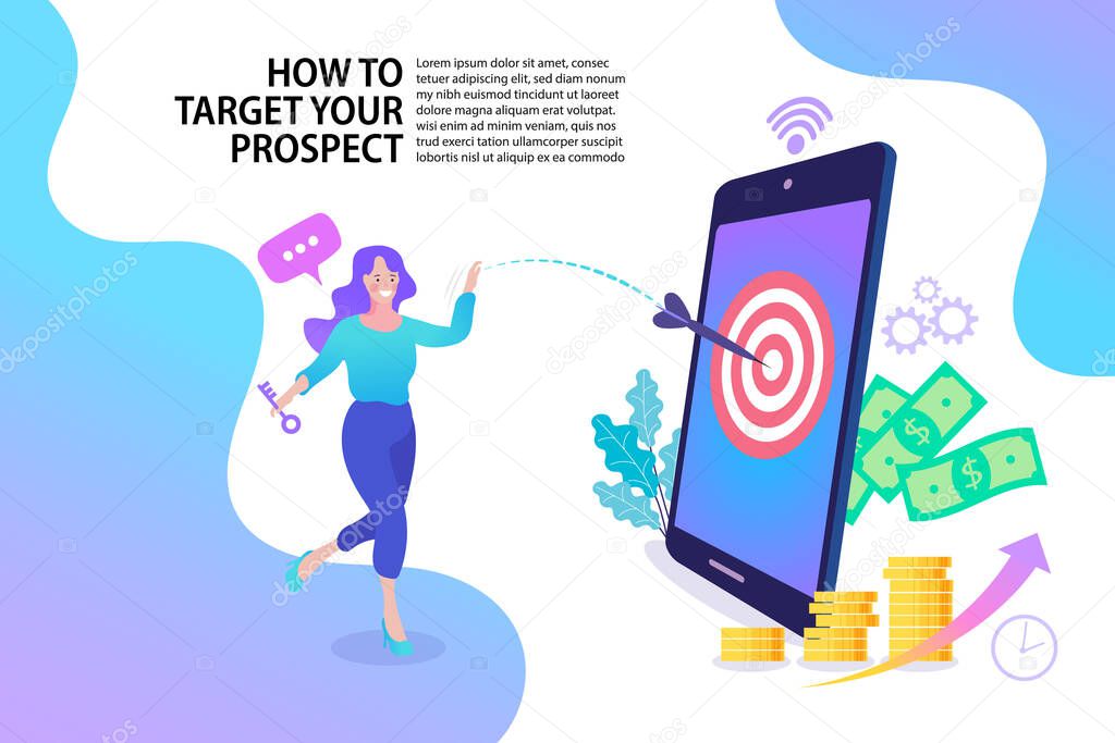 digital marketing, internet advertising flat vector illustration. Growing graph and target as successful entrepreneurship metaphor.