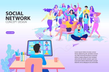 Video konferansı ve online toplantı çalışma alanı konsepti çizimi. İnternette ekibiyle çalışan bir adam. Ev fikrinden yola çıkarak. Dünyanın her yerinde insanlar birbirine bağlanıyor..