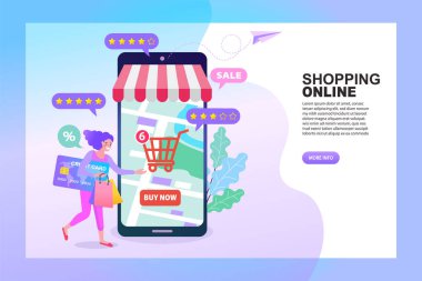 Müşteri memnuniyeti konsepti tasarımı, insanlar oy gözden geçirme sonuçları verir. Mobil Uygulamada Alışveriş İnterneti. Akıllı telefon pazarlama ve e-ticaret. Vektör illüstrasyonu.