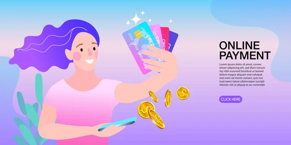 Šťastná Mladá Dáma Ukazuje Plastovou Kreditní Kartu Při Držení Mobilního — Stockový vektor