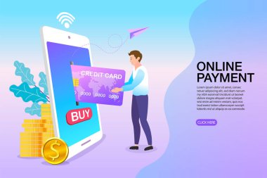 Kredi kartıyla akıllı telefon. Cep telefonu ödemesi, çevrimiçi bankacılık, ödeme terminalleri. Vektör illüstrasyonu. 