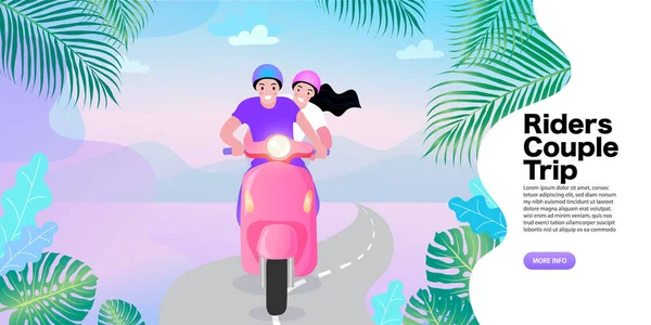 Pareja Encanta Andar Moto Jóvenes Jinetes Disfrutando Viaje Turismo Viaje — Vector de stock