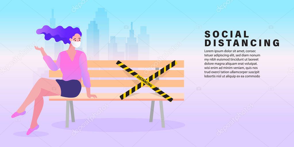 Social Distancing, Space for safety and people. Background in city. Warning coronavirus quarantine banner with yellow and black stripes. Virus Covid-19 concept. flat vector illustration.