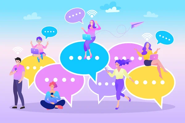 Discussion of business people. businessmen discuss social network, news, social networks, chat, dialogue speech bubbles. Vector illustration in flat cartoon style.