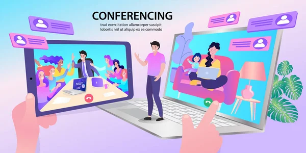 Ilustración Personas Videoconferencia Smartphone Mujer Hombre Teniendo Una Reunión Videollamada — Vector de stock