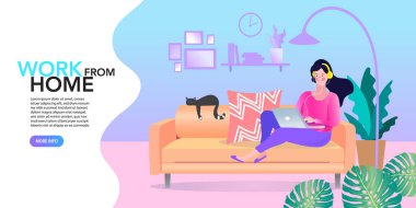 İnternetten alışveriş konsepti. İçerideki teslimatçıdan paket alan genç bir kadın. Evde kal. Düz biçimli vektör illüstrasyonu.