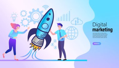 Dijital pazarlama konsepti. Sosyal ağ ve medya iletişimi. Startup Business 'ın iniş sayfası şablonu. Vektör illüstrasyonu.