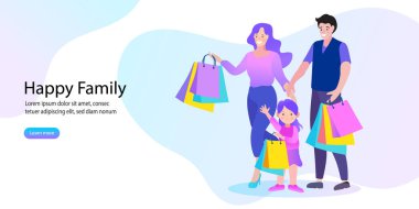 Mutlu aile ve çocuklar alışveriş yapıyor. Baba, anne ve çocuklar, paketler ve alışverişler. Çizgi film tarzının vektör illüstrasyonu.