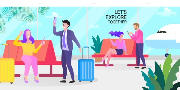 Online Reizen Illustratie Voor Landing Page Reizen Vakantie Concept Man — Stockvector