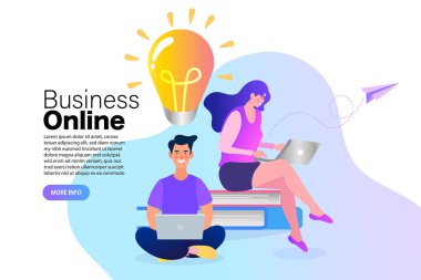 E-pazarlama, internet tanıtımı, dijital promosyon, online. Dizüstü bilgisayarı olan kadın. düz çizgi film vektör çizimi