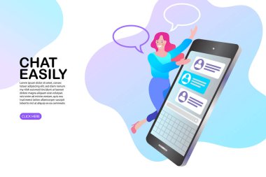 Ekrandaki cep telefonu satıcısı sosyal medya ya da ağda pazarlama yapıyor. İnternet reklamı için düz vektör illüstrasyonu.
