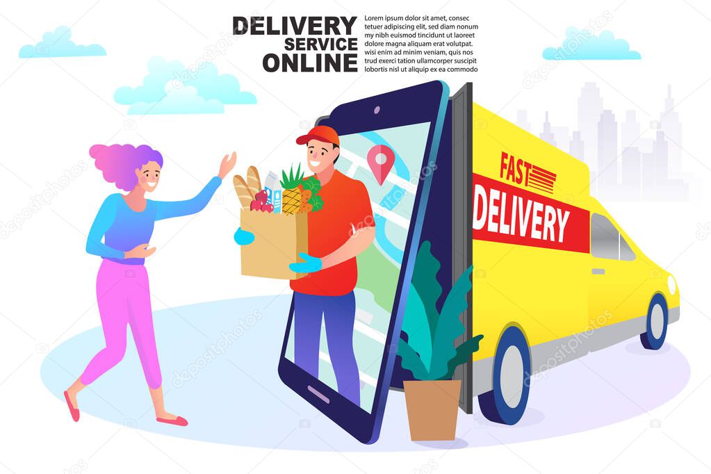 Many people use online shopping services. Smartphone marketing and e-commerce. Vector illustration.