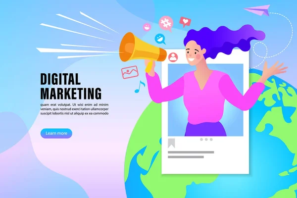 Mujer Sosteniendo Megáfono Concepto Marketing Influencer Servicios Promoción Blogueros Bienes — Vector de stock