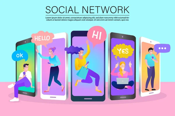 Hombre Teléfono Móvil Pantalla Influencer Marketing Redes Sociales Red Ilustración — Vector de stock