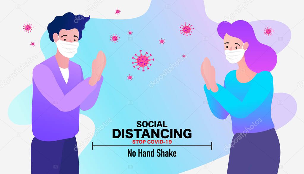 No hand shake. Namaste greeting to avoid covid-19 virus. Man and woman wearing medical mask and safe greeting concept vector illustration.