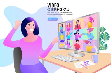 Vektör çalışan çeşitli meslektaşlarıyla bilgisayardan görüntülü konuşma yapıyor. Evde video konferansı. Evde müşterilerle görüntülü görüşme..