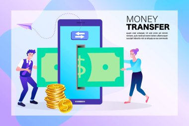 İnsanlar para gönderip alıyor. Cüzdandan akıllı telefona para aktar. Telefonlarını elektronik cüzdan olarak kullanan bir kadın. Düz vektör illüstrasyonu.