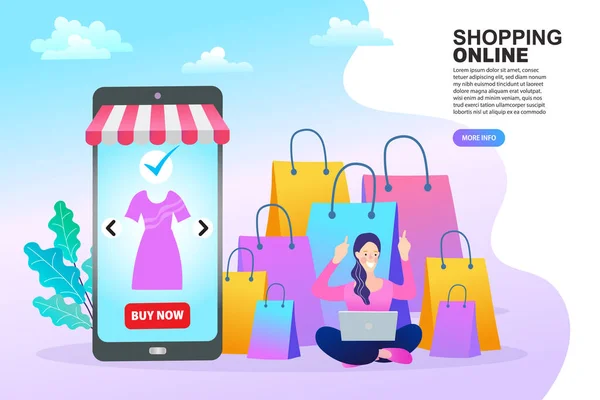 オンラインショッピングの概念 明るい背景にショッピングトロリーでカラフルな紙のショッピングバッグ 男は携帯電話を使って買い物袋を持ってる ベクトル — ストックベクタ