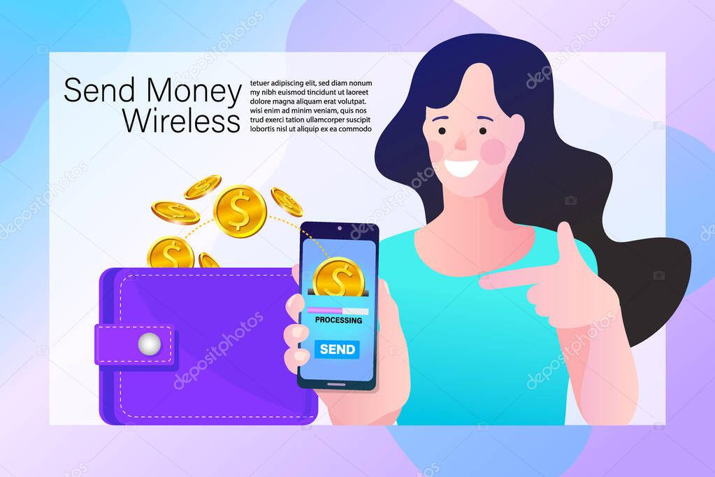 People sending and receiving money. Transfer money from wallet to smartphone. Woman using their phones as electronic wallets. Flat vector illustration.