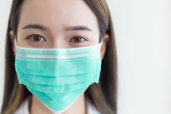 Asian Beautiful Woman Wear Surgical Mask Protect Coronavirus Banner Panorama — Stock Photo, Image