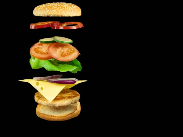 Flying Sandwich Black Background Hamburger Soaring Air Black Background Levitation — Stock Photo, Image
