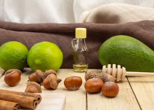 Raw Avocado Oil Lime Wooden Background Side View — Stock Photo, Image