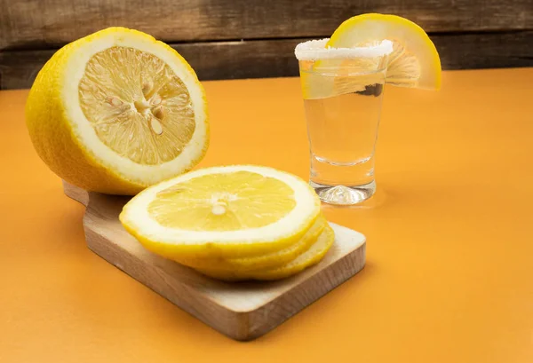 Tequila Lemon Salt Wooden Orange Background — Stock Photo, Image