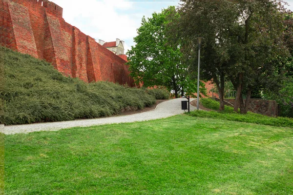 Cobbled street of the old town with green trees against the background of the castle wall. City street in the center of the old city with a red wall