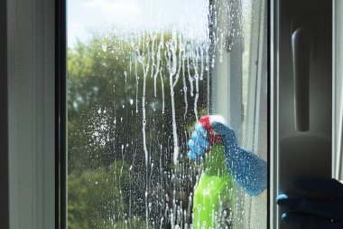 Pencere temizleyicisi ve cam temizleyicisiyle. Bir evde ya da dairede temizlik yapmak. Pencere ve pencerelerden toprak kaldırılıyor