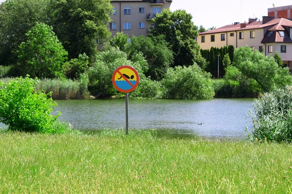 Sign Beach Prohibiting Swimming Metal Sign Prohibiting Swimming Stock Picture